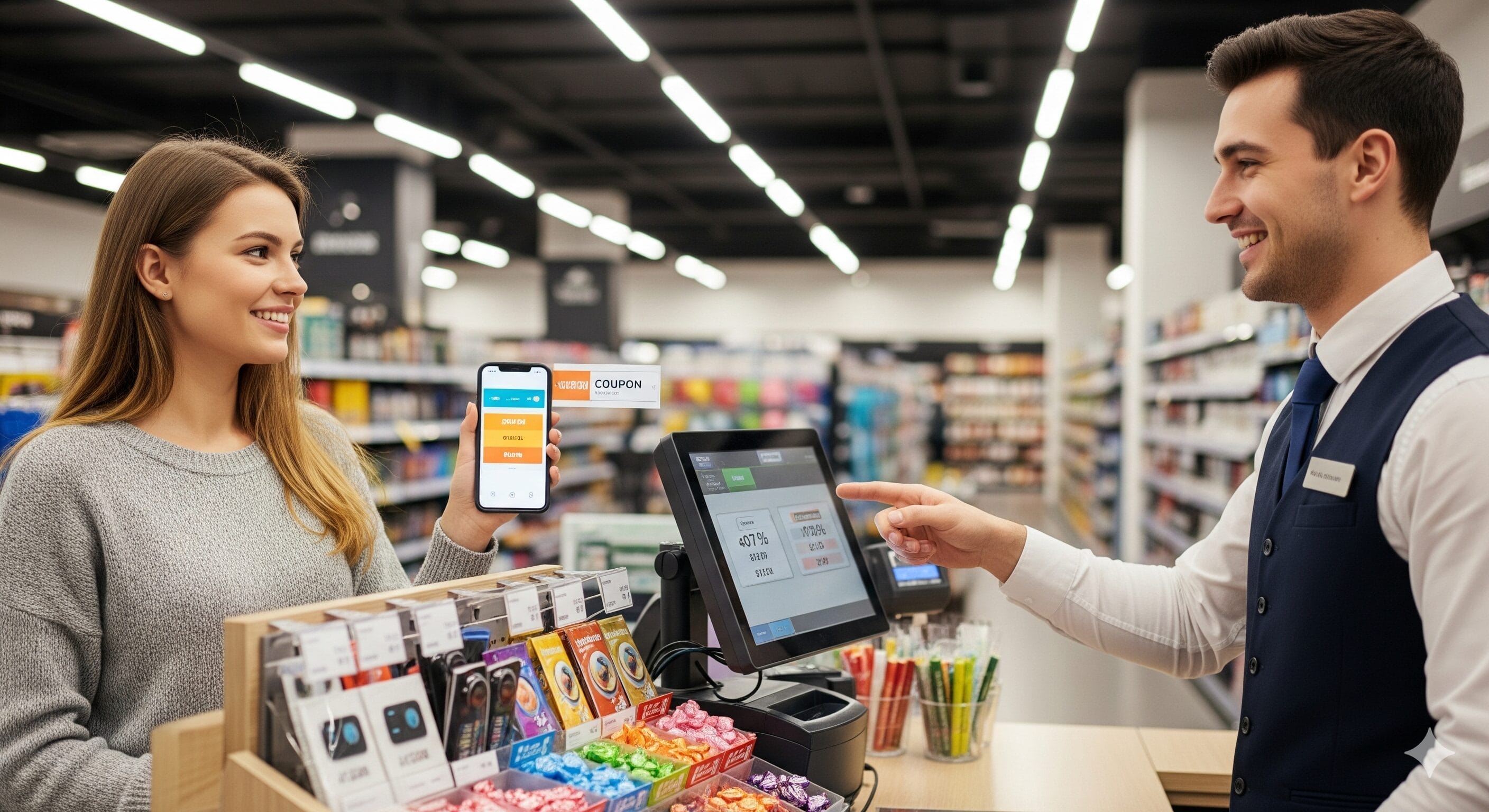 レジにいる女性が、携帯電話のデジタルクーポンを笑顔のレジ係に見せると、レジ係は画面を指差す。二人は明るい小売店にいる。.