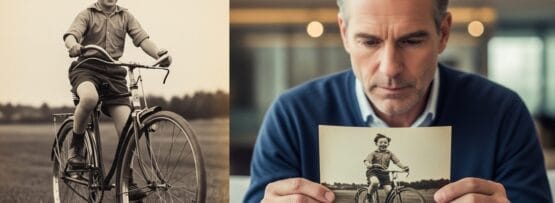 野原で自転車に乗る子供の笑顔が写った古い写真を見つめる男。.