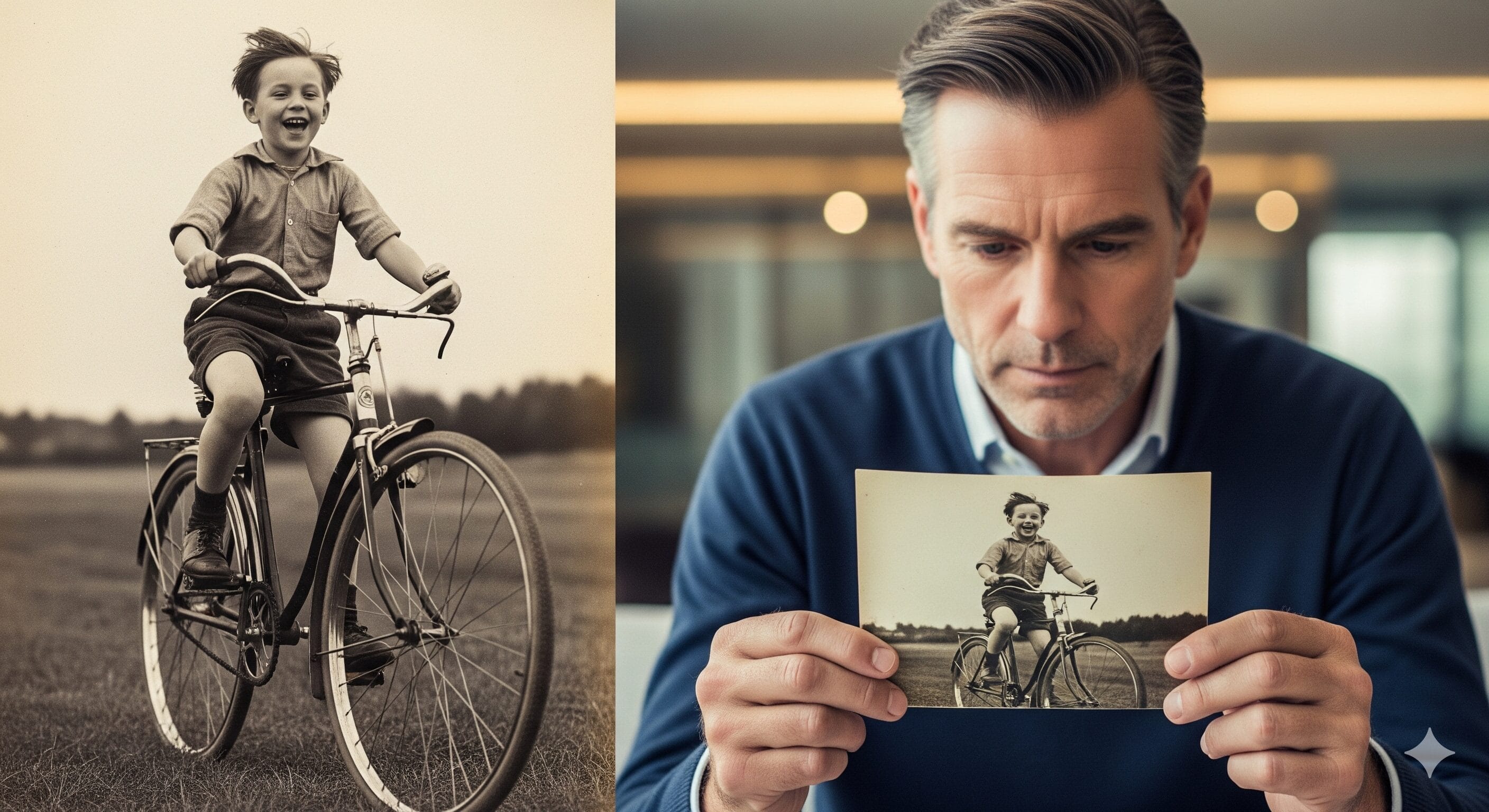 野原で自転車に乗る子供の笑顔が写った古い写真を見つめる男。.