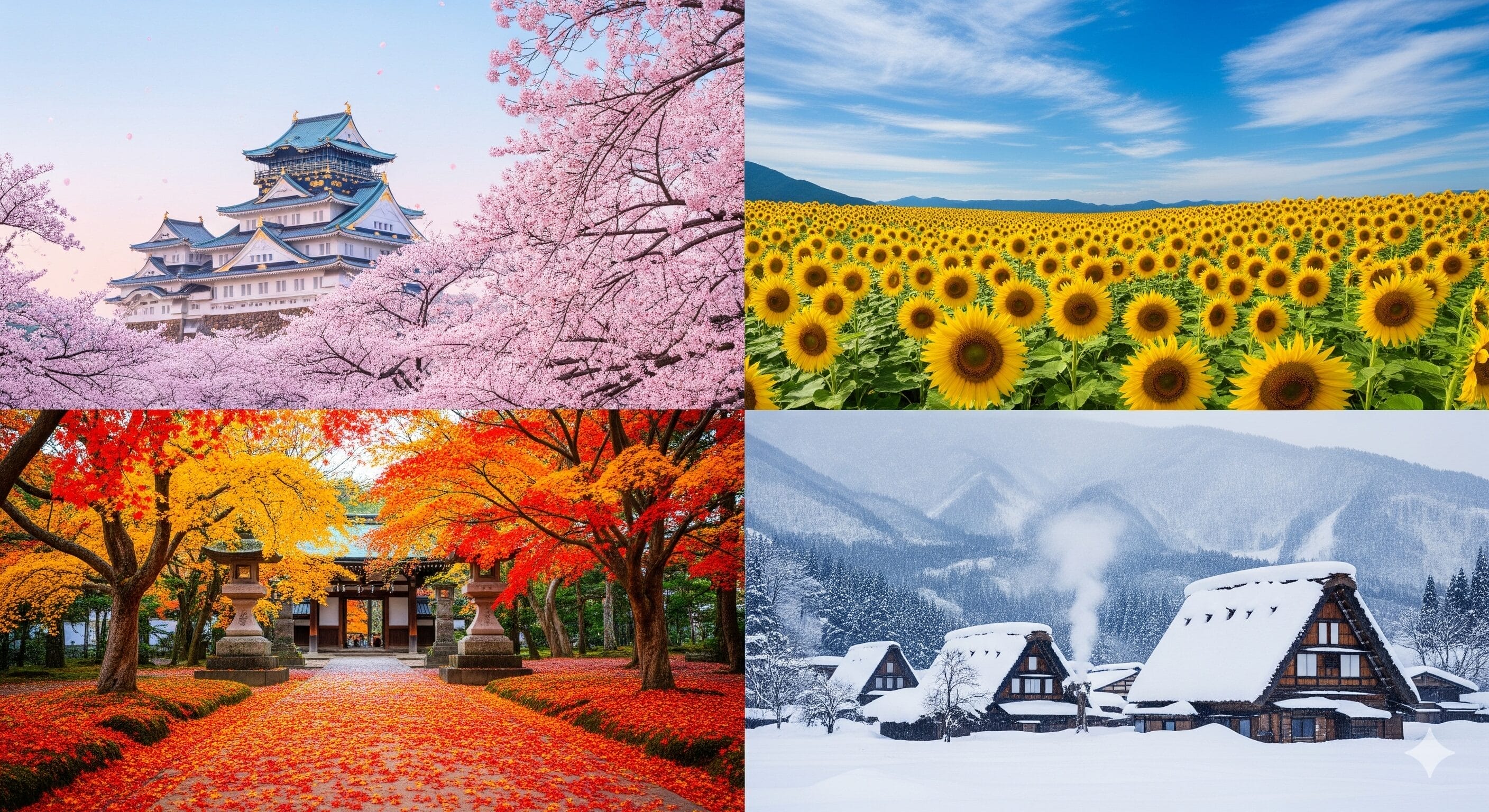 桜と日本の城、ひまわり畑、紅葉の寺、冬の雪景色の中の伝統的な家屋を描いたコラージュ。.