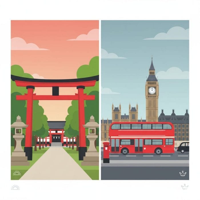 日本の赤い鳥居とロンドンの赤い二階建てバスを並べたイラスト