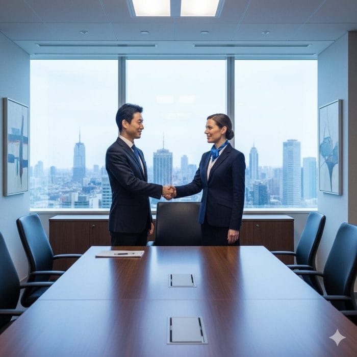 ビジネスシーンで握手をする男女