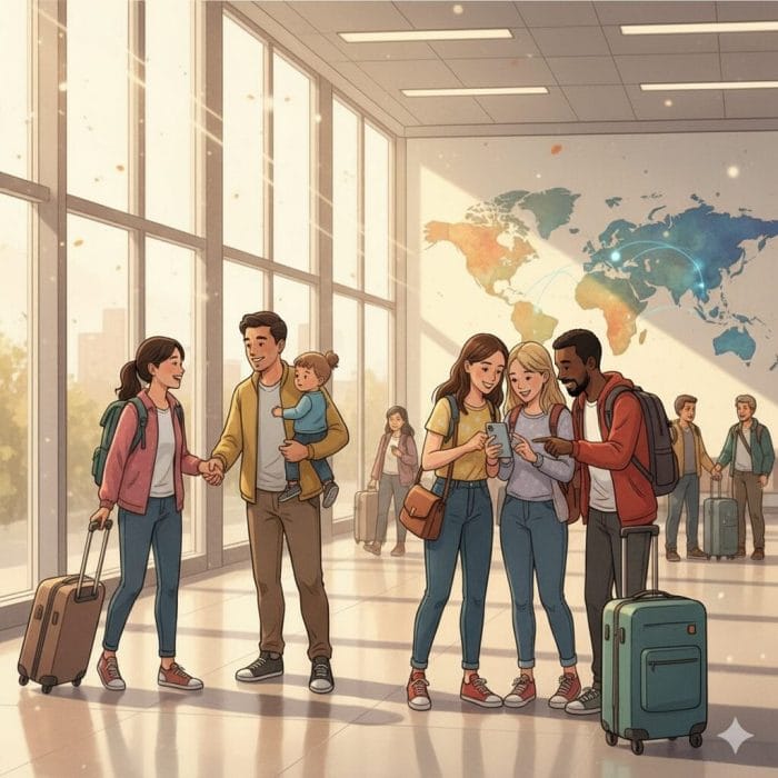 空港のロビーで、様々な国の旅行者たちが親しげに交流しているイラスト