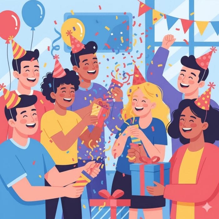 友人たちがパーティーで楽しそうに話しているイラスト