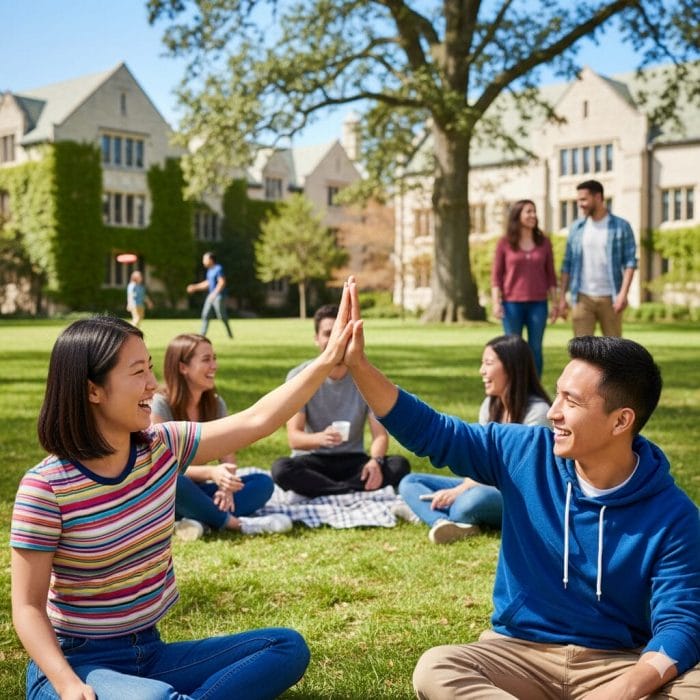 大学のキャンパスで楽しそうにハイタッチする学生たち
