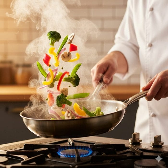 フライパンで野菜をソテーしているシェフの手のクローズアップ