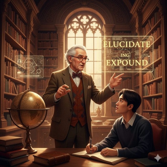 荘厳な書斎で教授風の人物が熱心に何かを説明しているイラスト