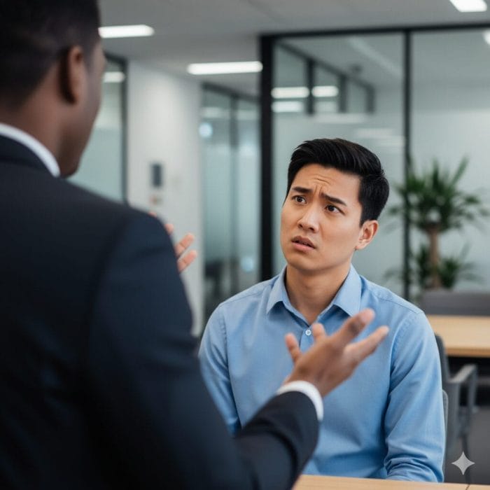 オフィスでビジネスパーソンが困惑した表情で話を聞いている