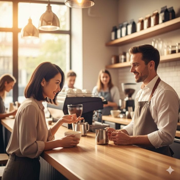 カフェのカウンターで、客と店員が笑顔でやり取りしている
