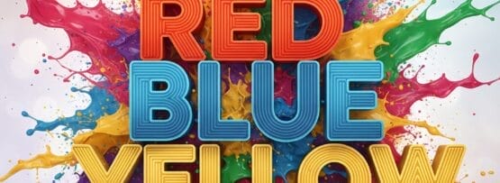 RED"、"BLUE"、"YELLOW "の文字が3Dの太い文字で書かれ、背景にはカラフルなペンキが散りばめられている。.