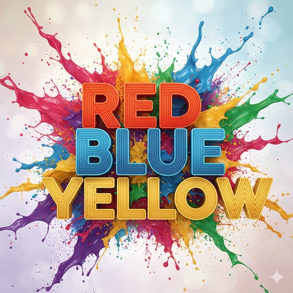 RED"、"BLUE"、"YELLOW "の文字が3Dの太い文字で書かれ、背景にはカラフルなペンキが散りばめられている。.
