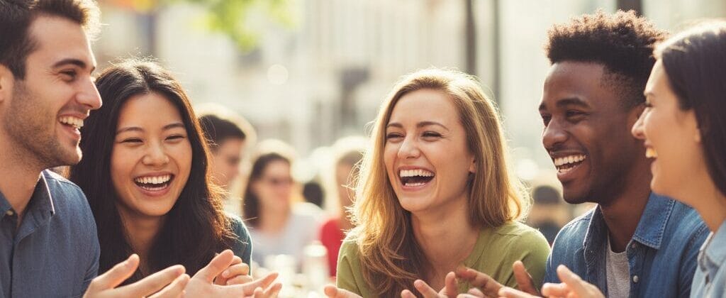 5人の若者たちが屋外のカフェのテーブルに座り、一緒に笑い、拍手をしている。.