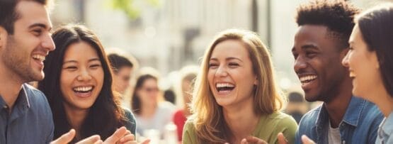 5人の若者たちが屋外のカフェのテーブルに座り、一緒に笑い、拍手をしている。.