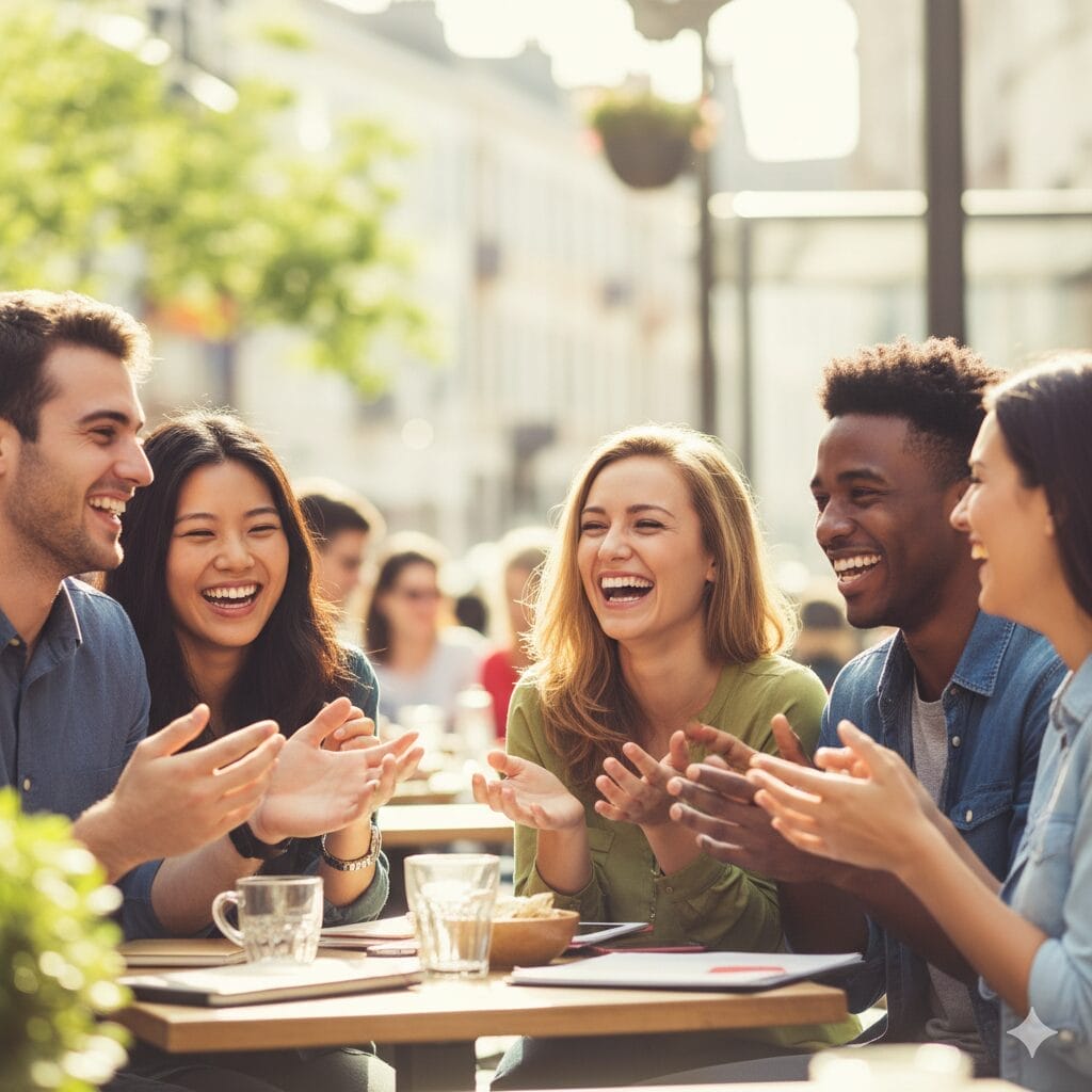 5人の若者たちが屋外のカフェのテーブルに座り、一緒に笑い、拍手をしている。.