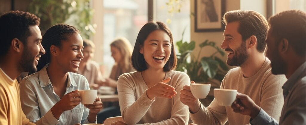明るいカフェで5人がテーブルを囲み、コーヒーカップを手に笑顔で話している。自然光が部屋を満たし、背景には他の客の姿も見える。.