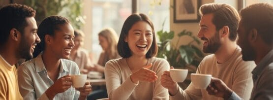 明るいカフェで5人がテーブルを囲み、コーヒーカップを手に笑顔で話している。自然光が部屋を満たし、背景には他の客の姿も見える。.
