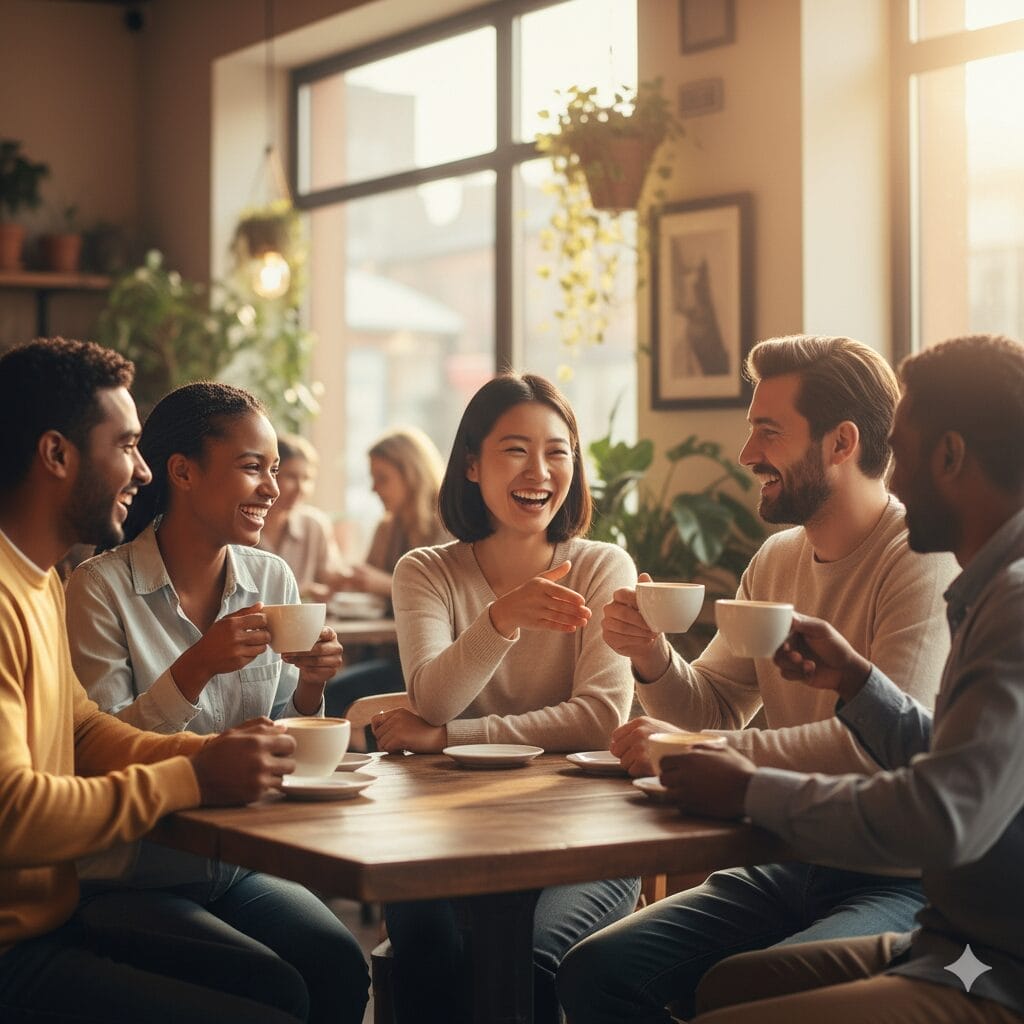 明るいカフェで5人がテーブルを囲み、コーヒーカップを手に笑顔で話している。自然光が部屋を満たし、背景には他の客の姿も見える。.