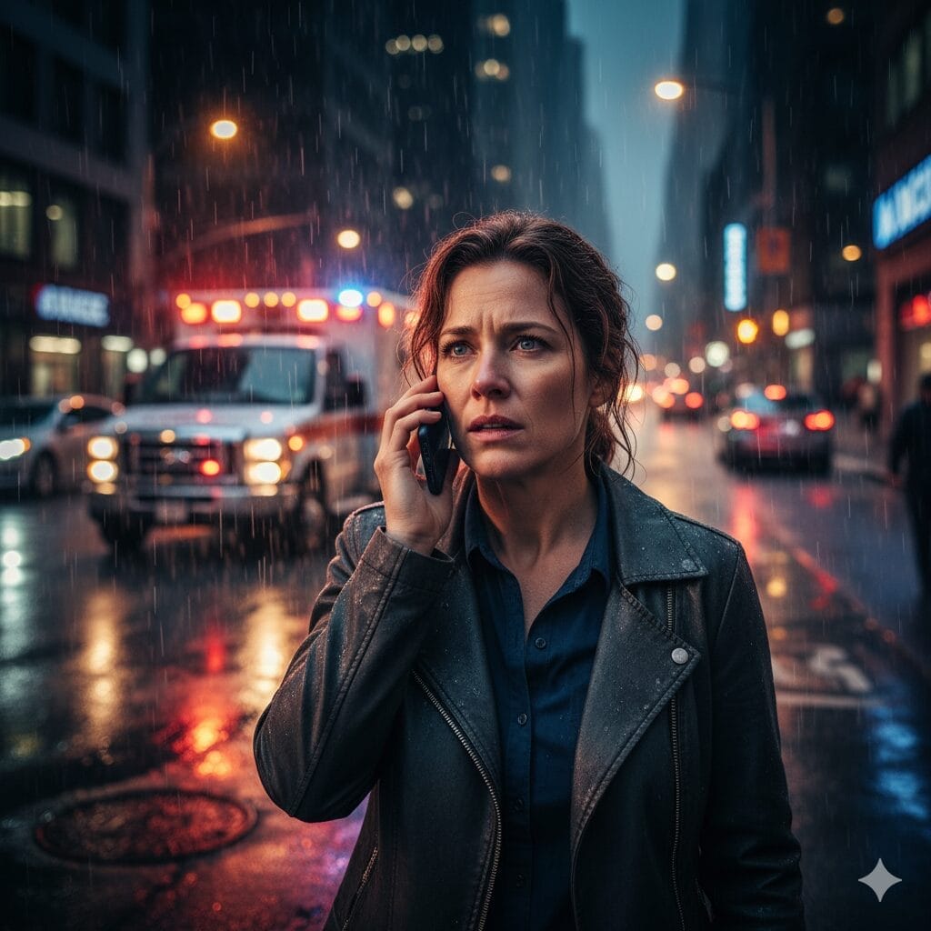救急車と非常灯を背景に、雨の中、夜の街角に佇み、携帯電話で話しながら心配そうな表情を浮かべる女性。.
