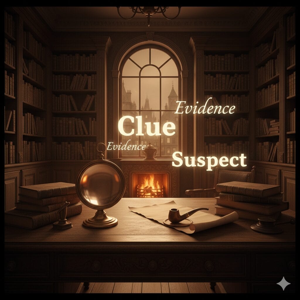 本棚のある書斎、書類や本が置かれた机、水晶玉、宙に浮かぶ「手がかり」「容疑者」「証拠」という光る文字。.