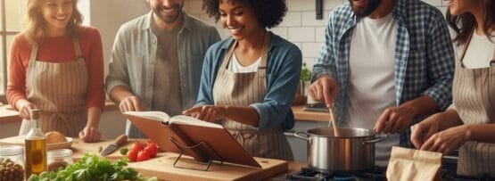 エプロン姿の5人がモダンなキッチンに集まり、料理本に従って料理を作り、カウンターには新鮮な野菜、パン、調味料が並んでいる。.