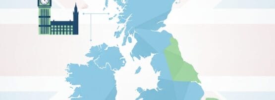 グレートブリテン島と北アイルランドにスポットを当てたイギリス諸島の地図。ビッグベン、エディンバラ城、ウェールズの赤いドラゴンのアイコンが各地域を示す。.