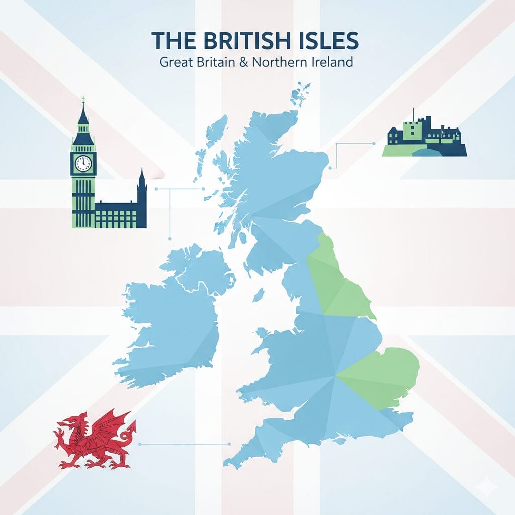 グレートブリテン島と北アイルランドにスポットを当てたイギリス諸島の地図。ビッグベン、エディンバラ城、ウェールズの赤いドラゴンのアイコンが各地域を示す。.