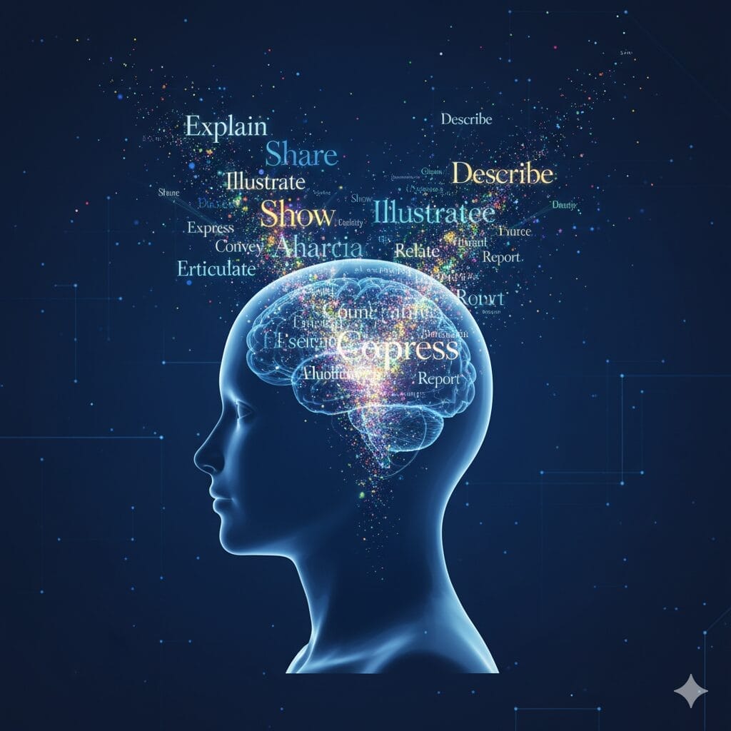 人間の横顔のデジタルイラストで、脳の部分にはカラフルなライト、その上にはコミュニケーションや思考を象徴する「表現する」「描写する」「共有する」といった言葉が浮かんでいる。.