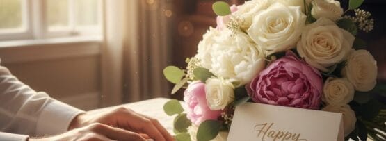 太陽の光が差し込む部屋のテーブルの上に、2つの結婚指輪、花束、そして「記念日おめでとう」と書かれたカードのそばにある人の手。.