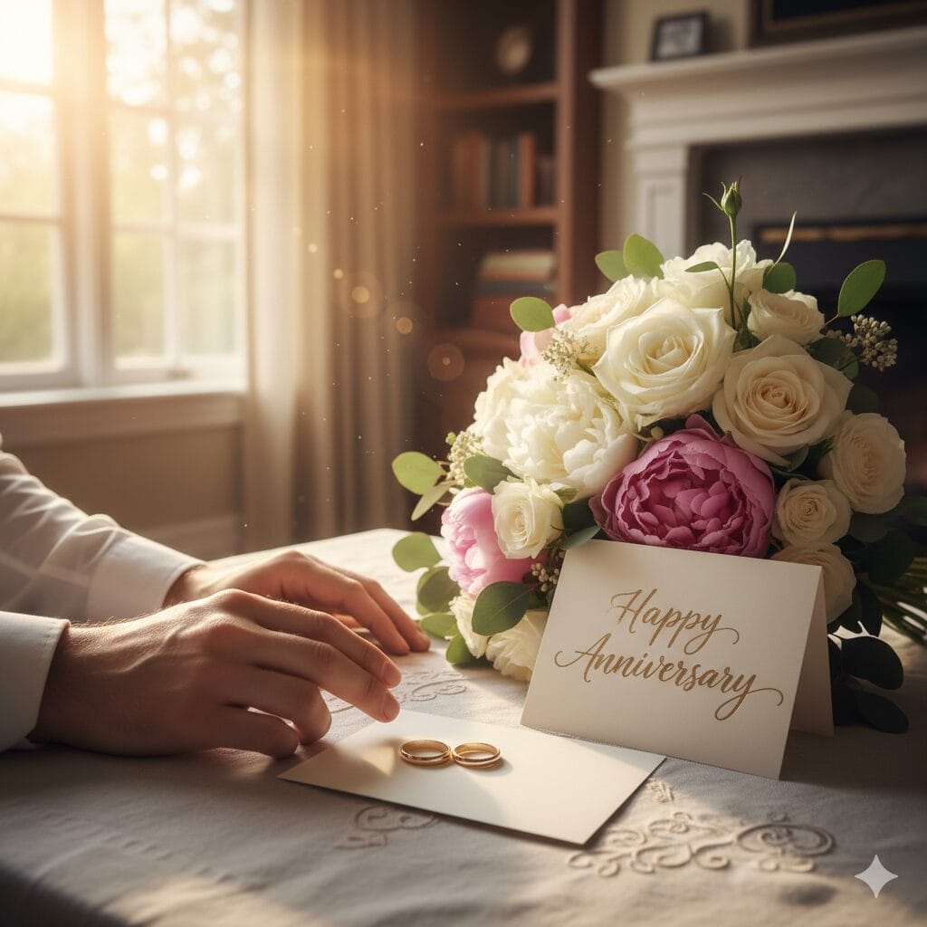 太陽の光が差し込む部屋のテーブルの上に、2つの結婚指輪、花束、そして「記念日おめでとう」と書かれたカードのそばにある人の手。.