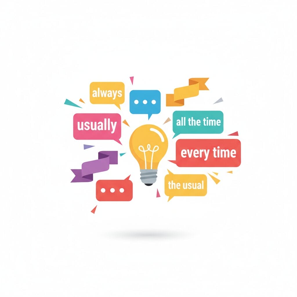 カラフルな吹き出しに囲まれた電球のイラスト。「いつも」「いつも」「いつも」「いつもの」と、頻度の概念を表している。.