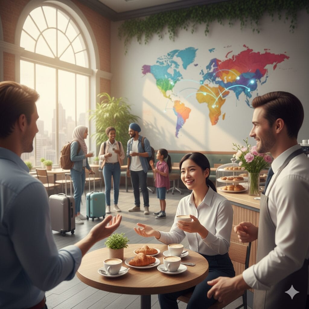 カラフルな世界地図の壁画があるカフェでコーヒーとペストリーを楽しむ人々。.