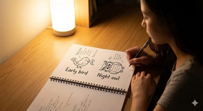 英語のイディオム（Night owl, Early bird）をイラスト付きで勉強している学生のノート