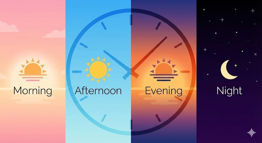 朝、昼、夕方、夜の4つのセクションに分かれたイラスト。太陽、月、グラデーションの背景色に時計がオーバーレイされている。.
