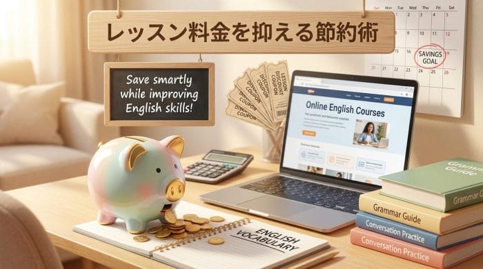 英語レッスン料金を抑える節約術のイメージ 貯金箱と学習教材