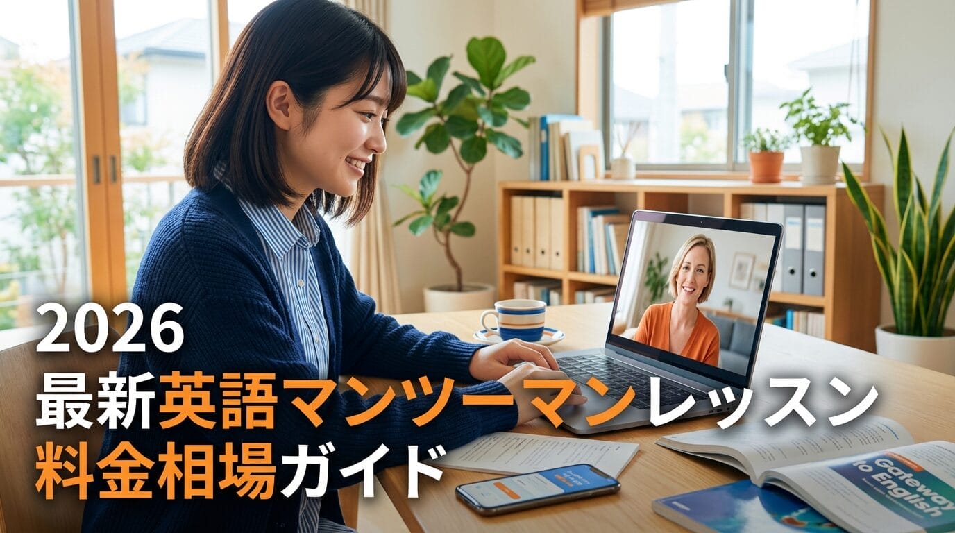 本や教材に囲まれた机の上で、ノートパソコンを使って別の女性とオンラインビデオ通話をしている女性。英語のレッスンに関する日本語のテキストが重なっている。.